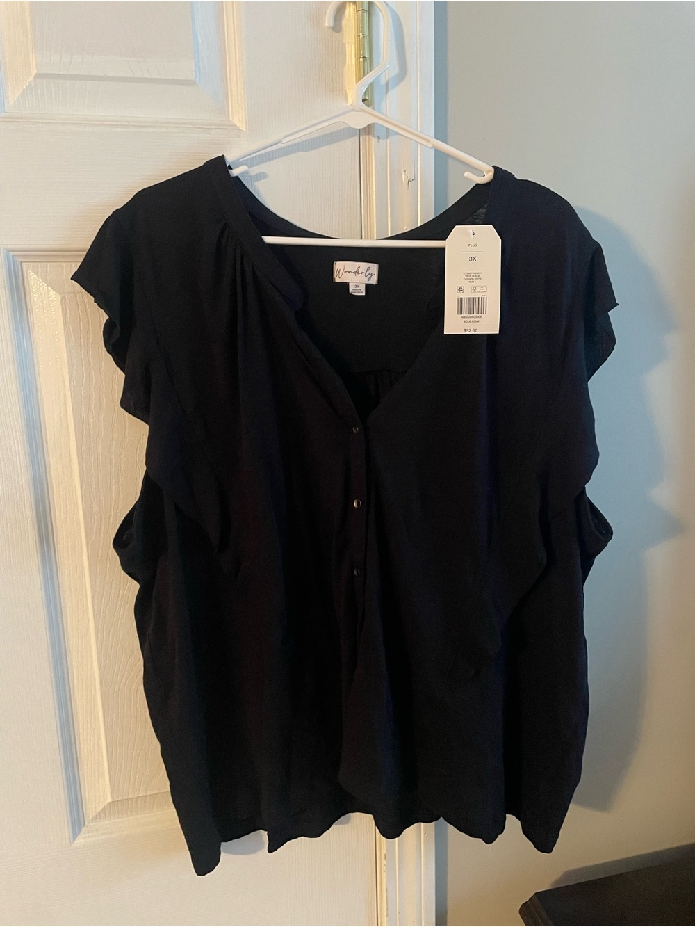 Wonderly Black Ruffle-Sleeve Button Front Blouse